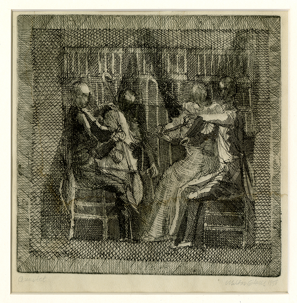 etching of four musicians